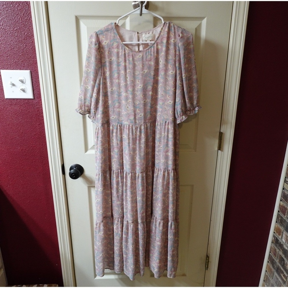 Melloday Mauve Floral Paisley Tiered Maxi Dress Pink Boho Puff Sleeve Large